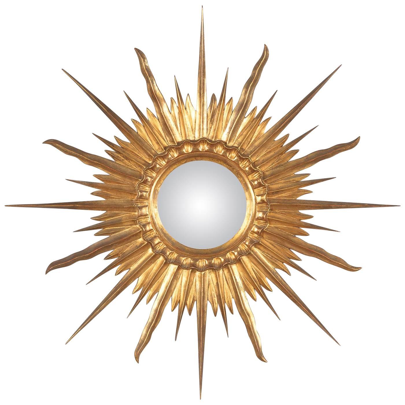Mid-Century French Giltwood Convex Sunburst Mirror