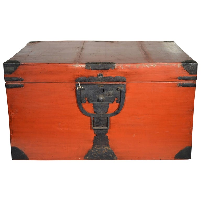 Antique 19th Century Japanese Red Lacquered Wood Chest with Brass