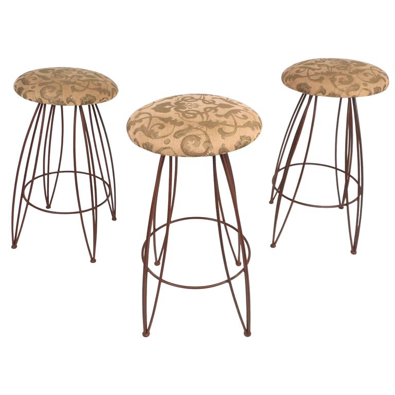 Unique Set of MidCentury Modern Wrought Iron Bar Stools For Sale at