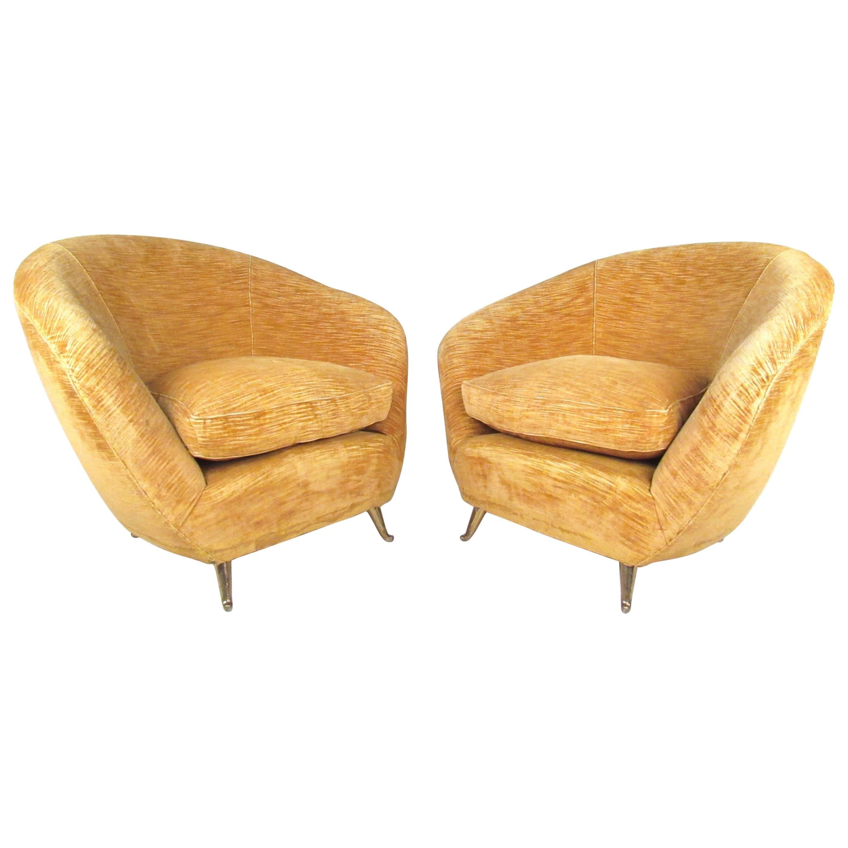 Pair Italian Modern Club Chairs With Brass Legs