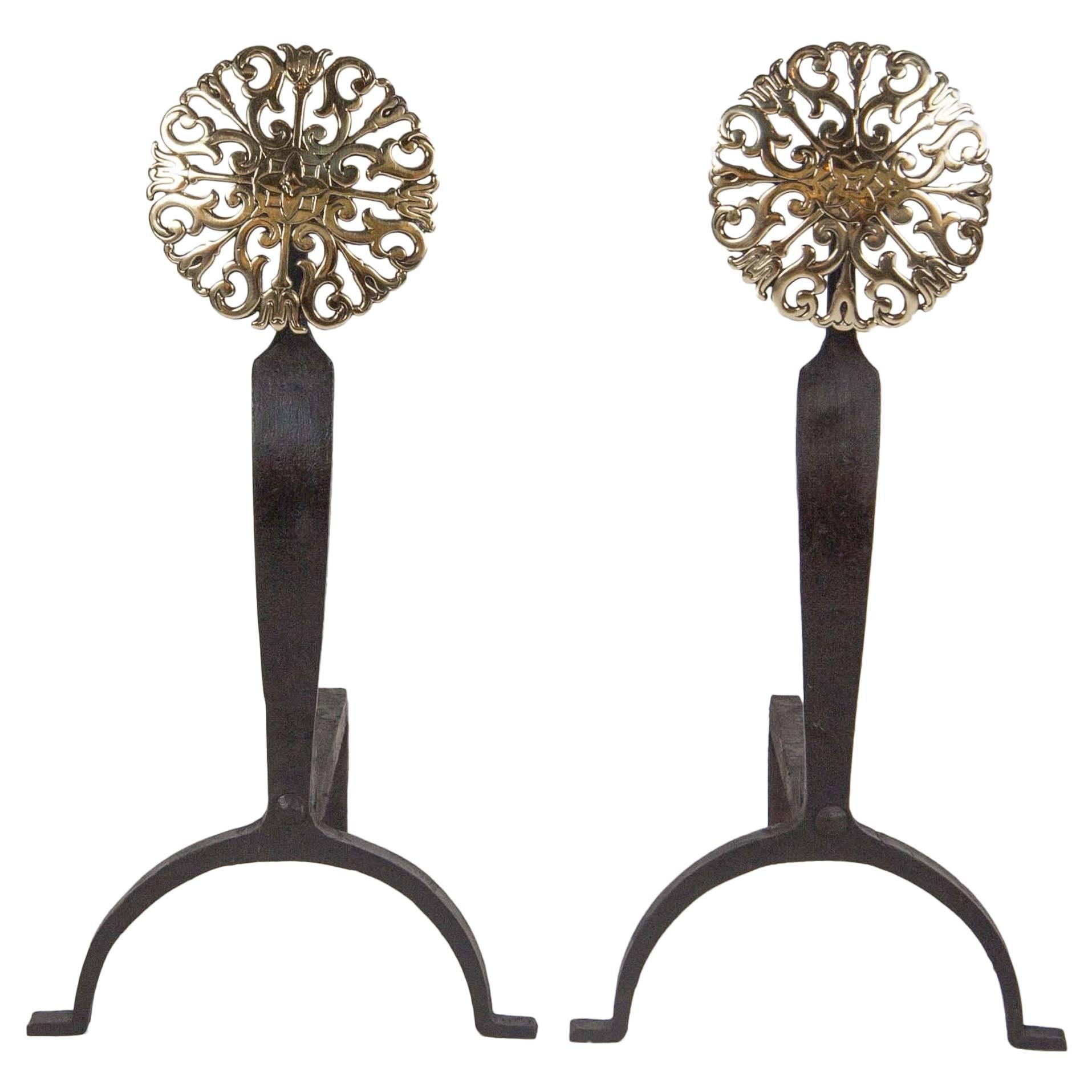 Pair of Brass Andirons with Pierced Medallions