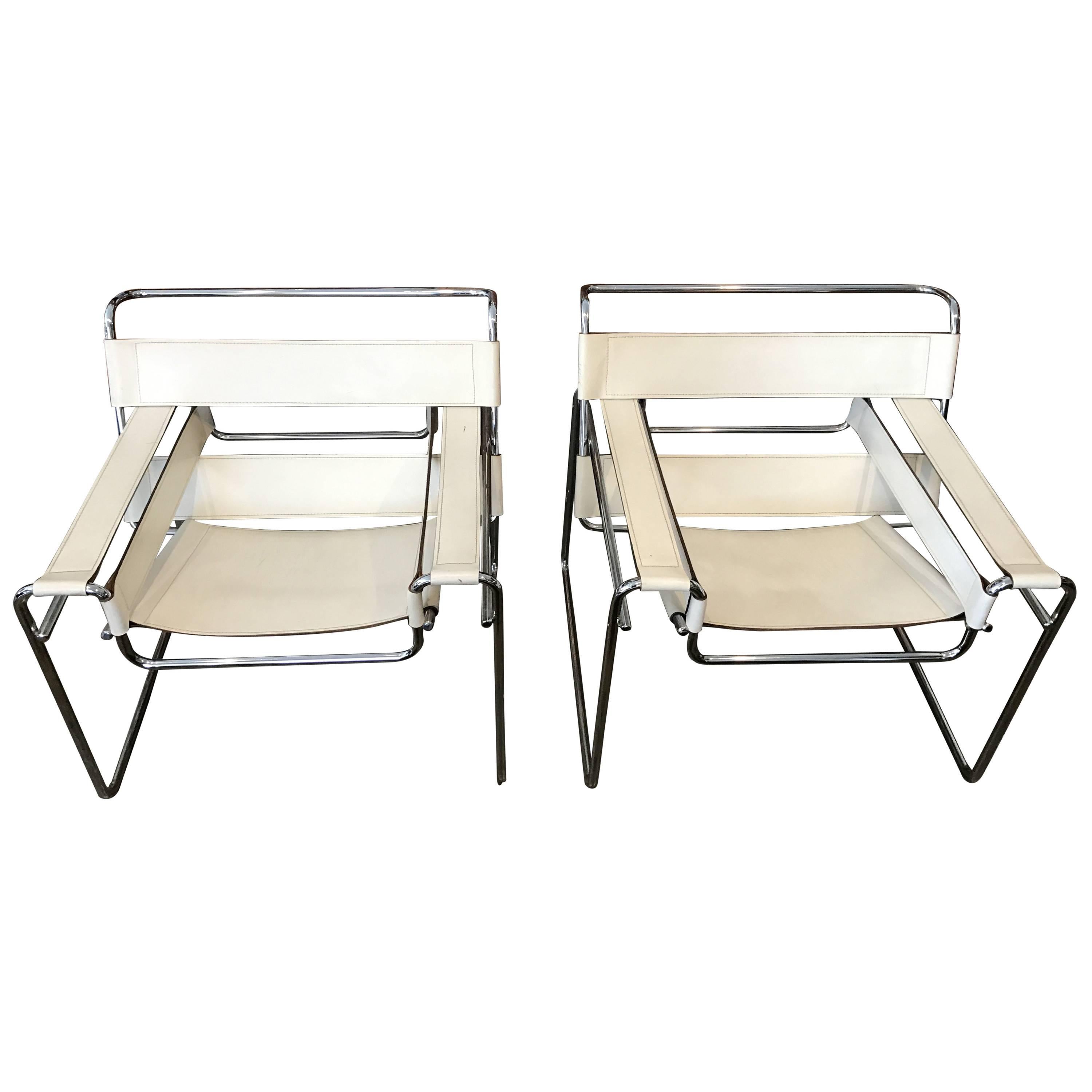 Vintage Pair of White Leather Marcel Breuer "Wassily" Chairs