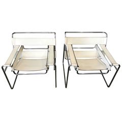 Vintage Pair of White Leather Marcel Breuer "Wassily" Chairs