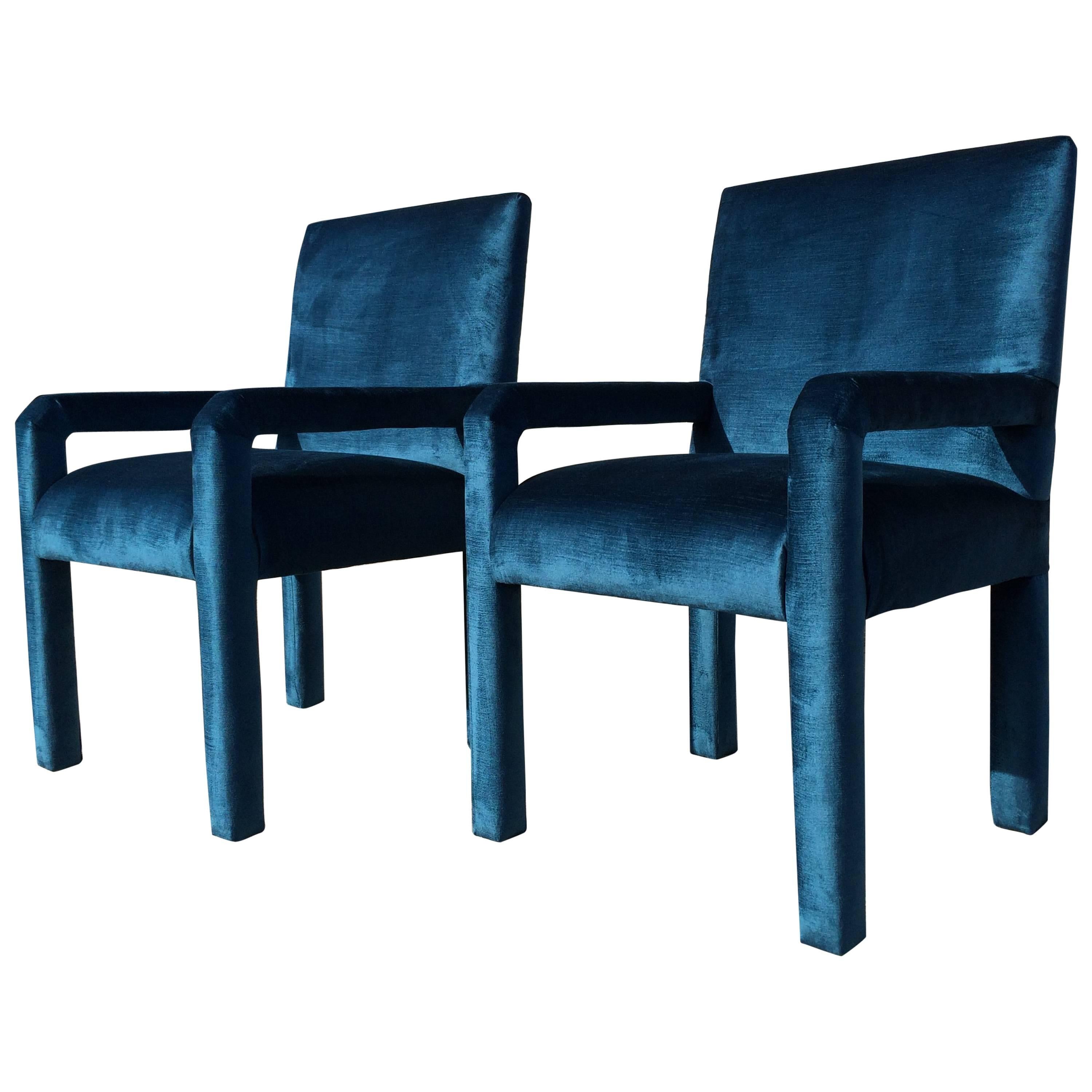 Pair of Mid-Century Modern Parson Chairs, Lagoon Blue Velvet For Sale
