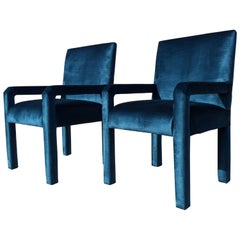 Retro Pair of Mid-Century Modern Parson Chairs, Lagoon Blue Velvet