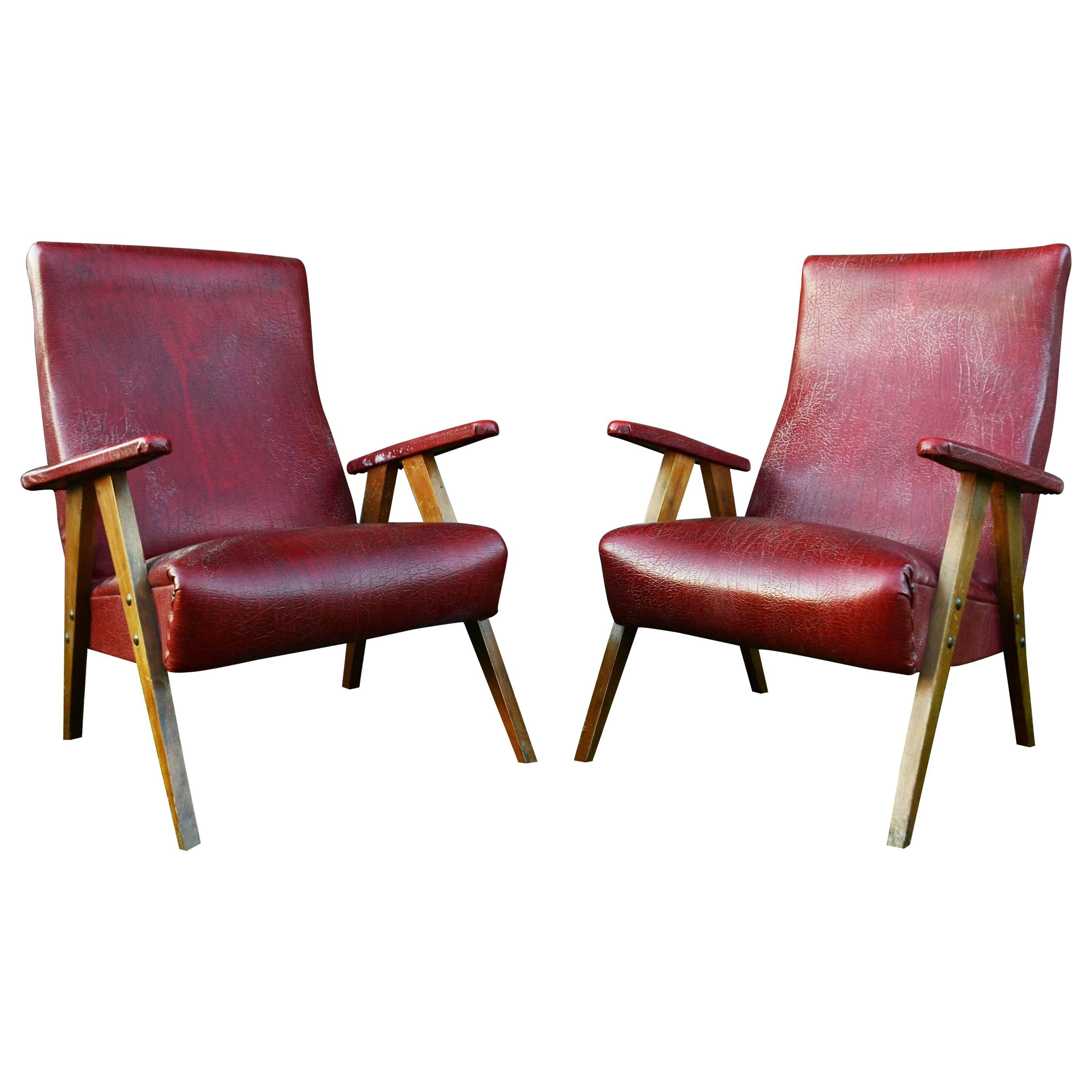 Vintage Red Leather Armchairs, circa 20th Century For Sale