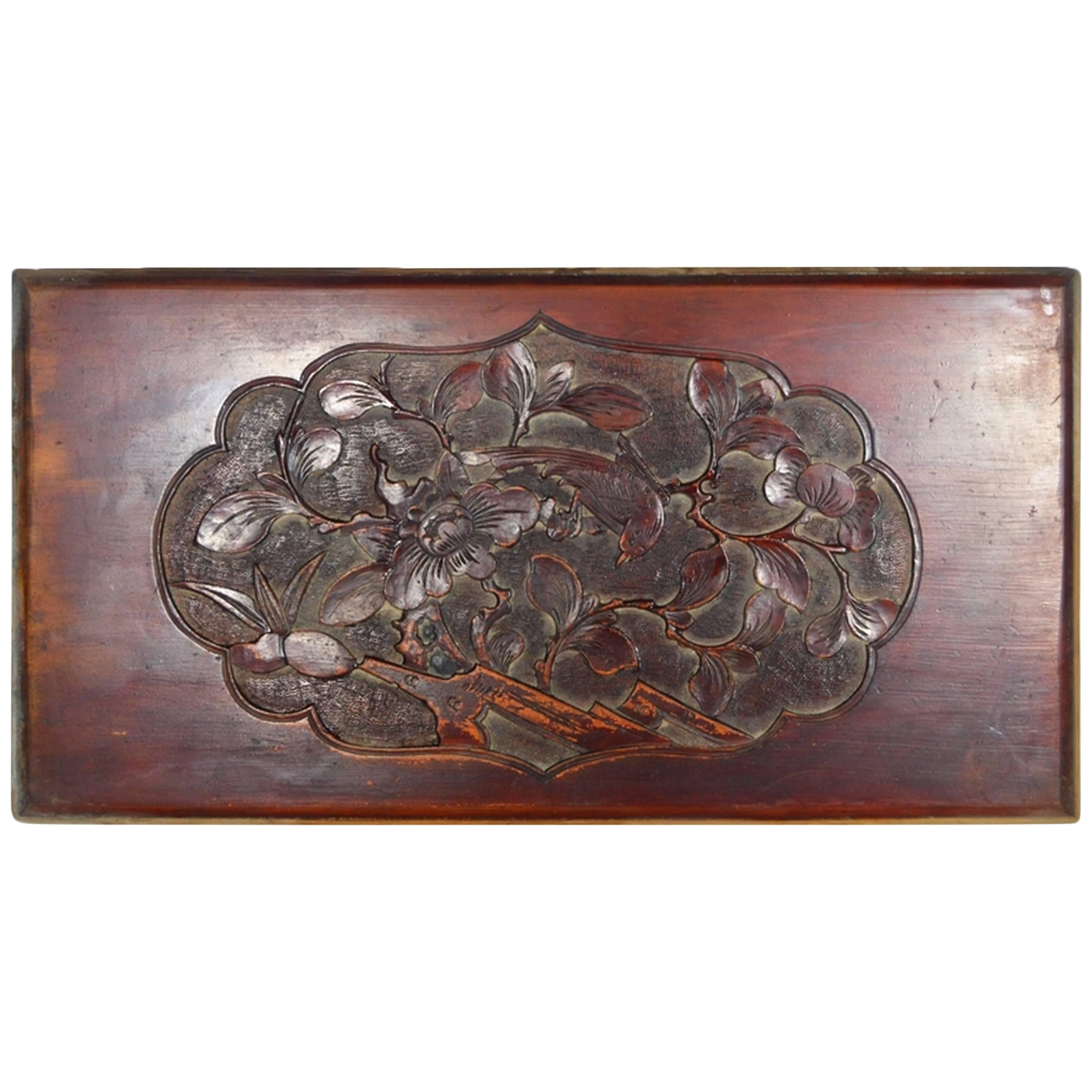 Hand-Carved Lacquered Rosewood Wall Plaque with Bird from 19th Century, China For Sale