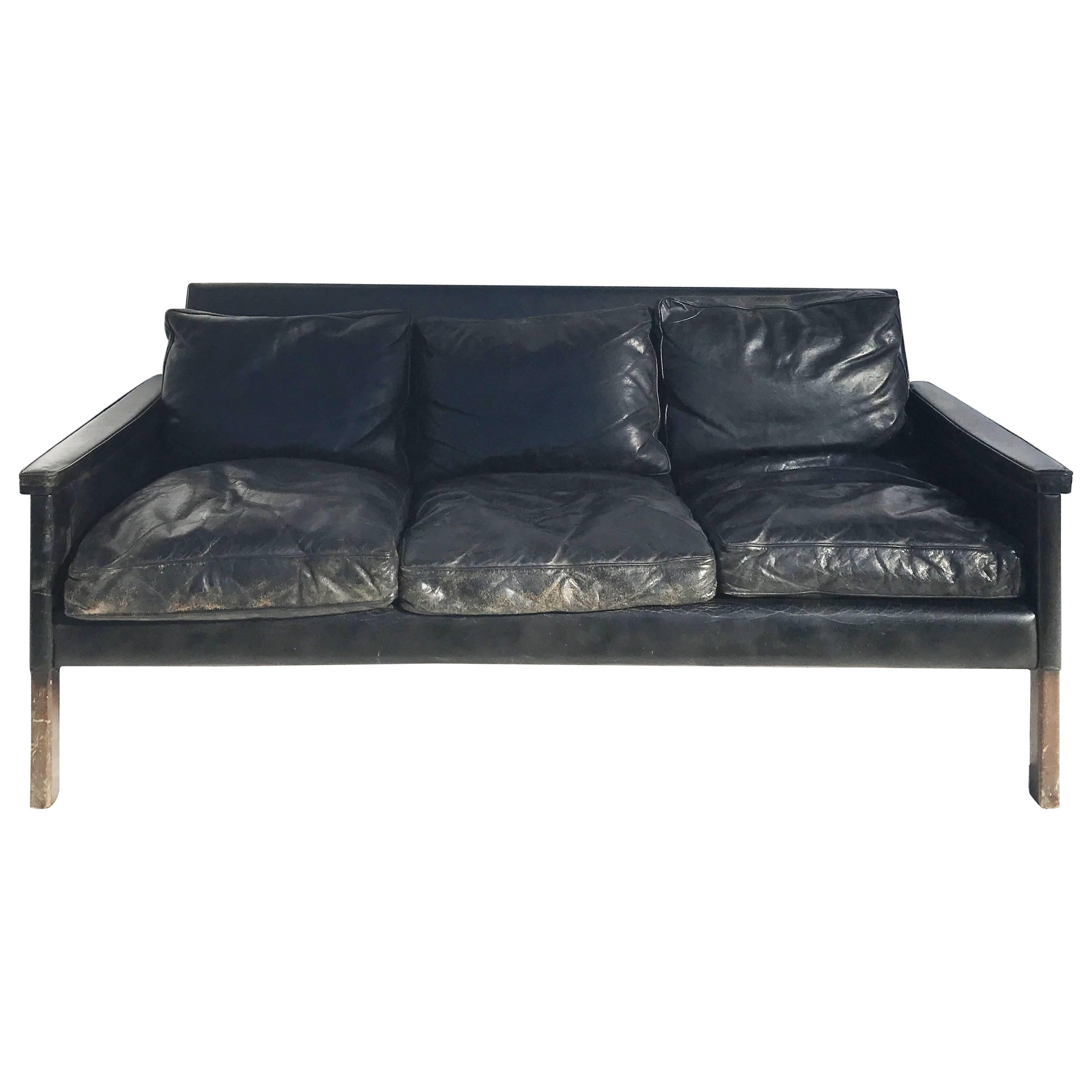 Vintage Black Leather Sofa, circa 20th Century For Sale