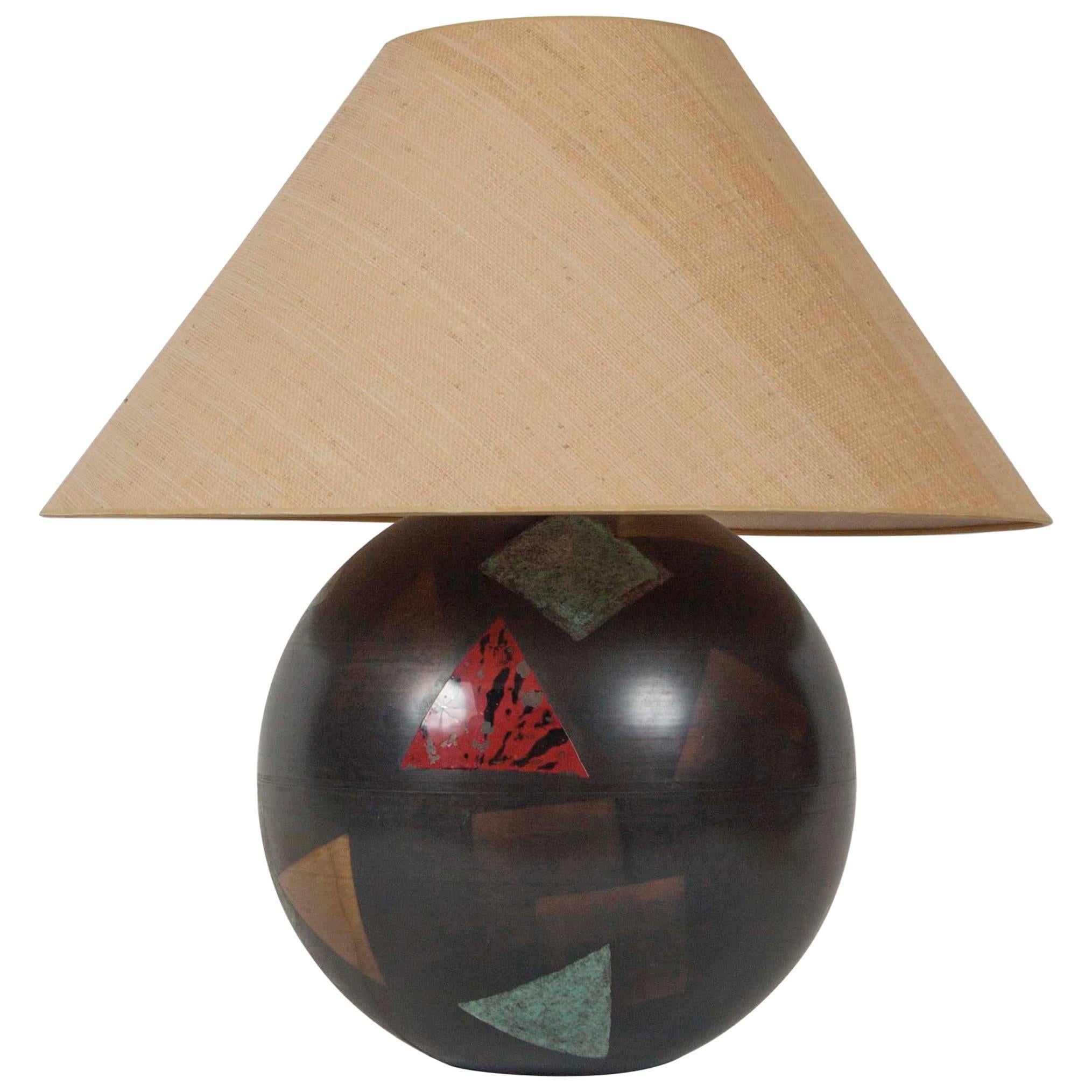 Bronze Spherical Lamp by Karl Springer with Dinanderie Decoration