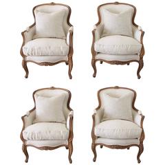 20th Century Carved Walnut Bergere Chairs in Belgian Linen