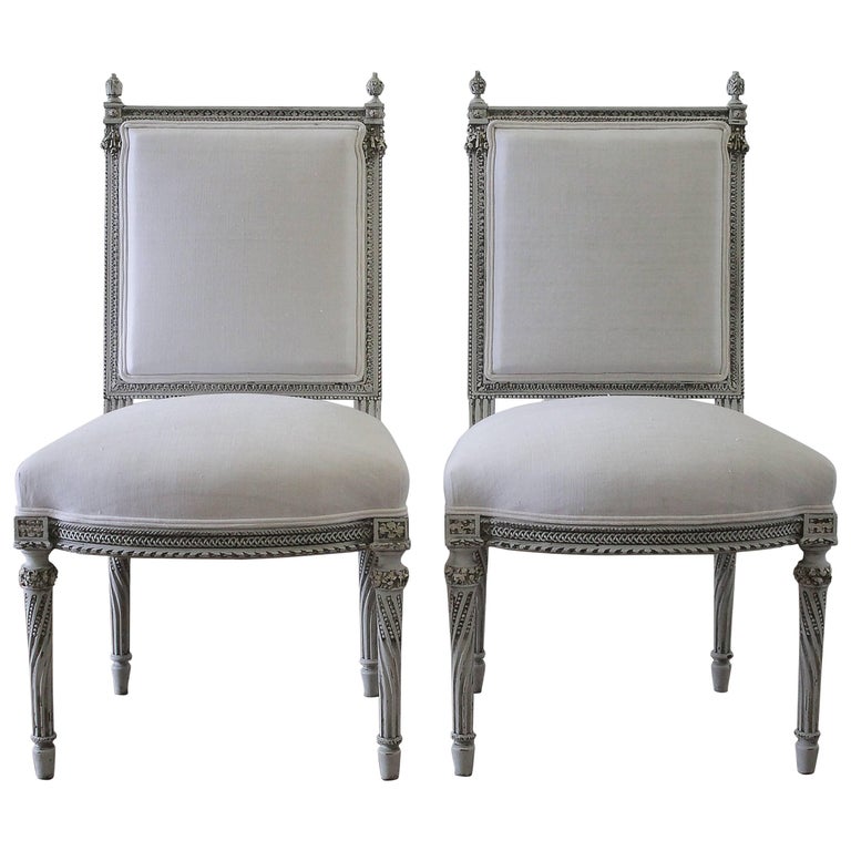 Pair of 19th Century Painted Rose Carved Louis XVI Style Side Chairs For Sale