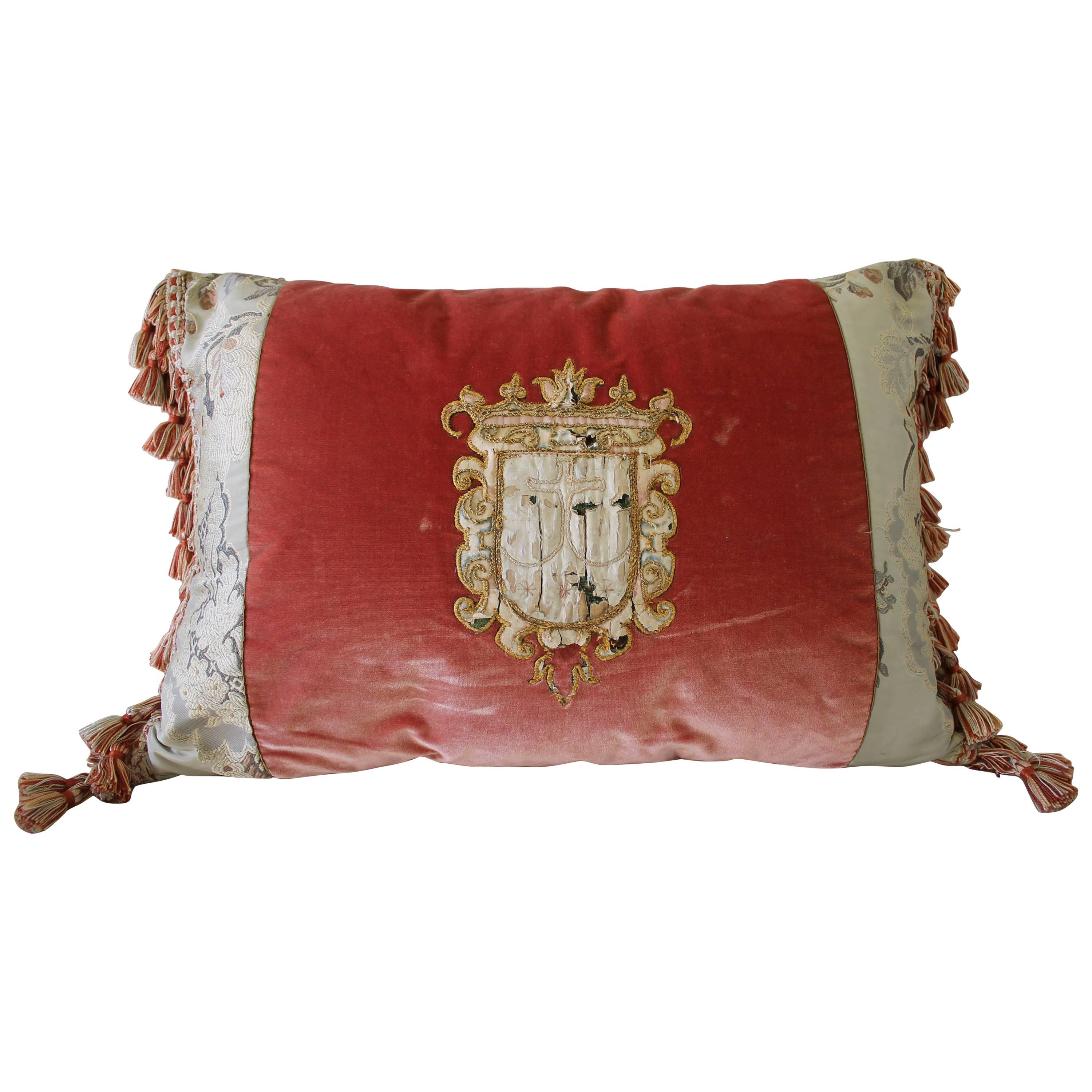 Antique Embroidered Crest Velvet with Tassle Pillow