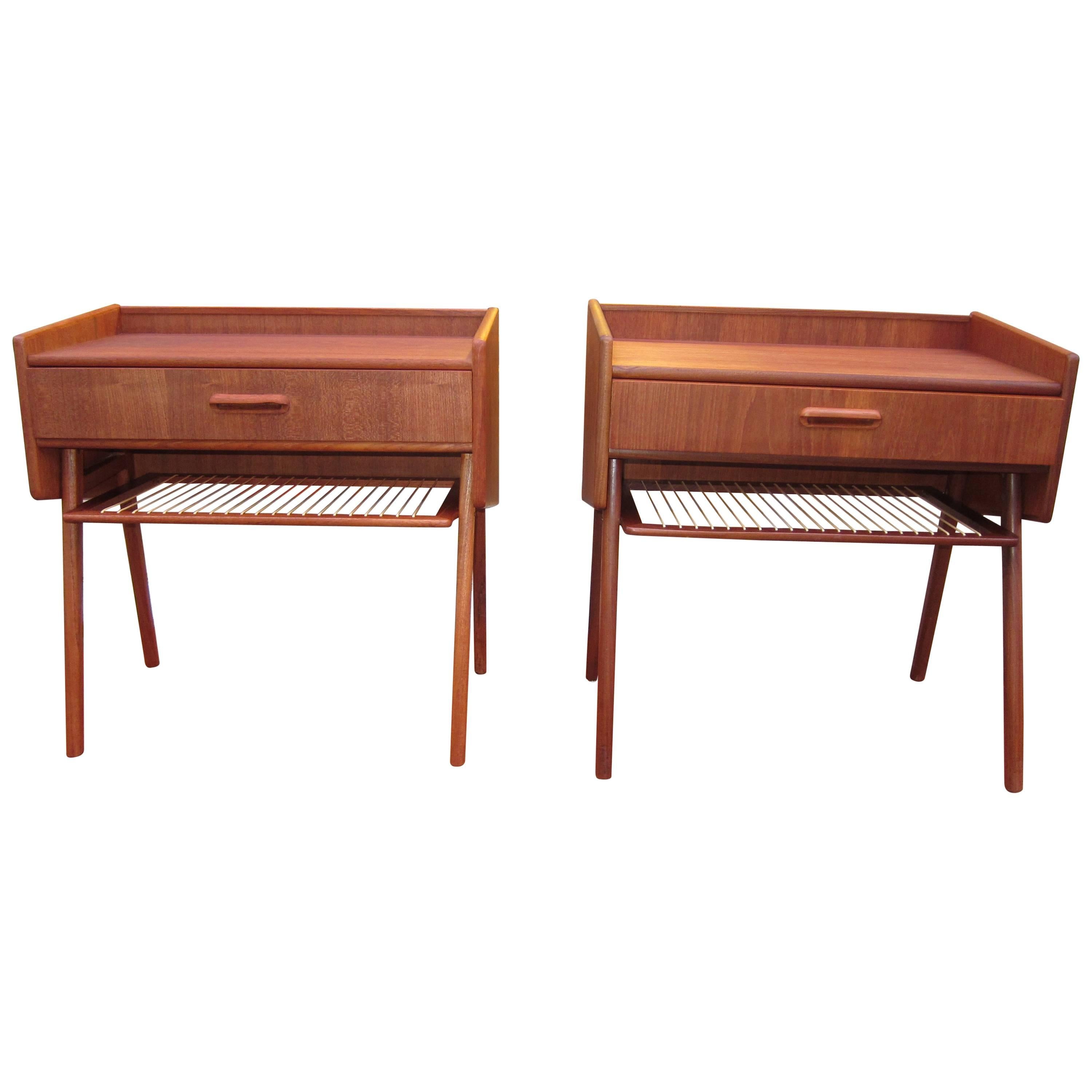 Pair of Danish Mid-Century Modern Night Tables with Cane Shelf For Sale