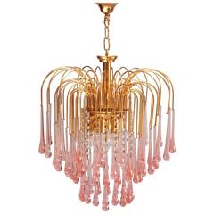 Murano Pink Crystal Teardrop Waterfall Chandelier by Venini, 1960s, Italy