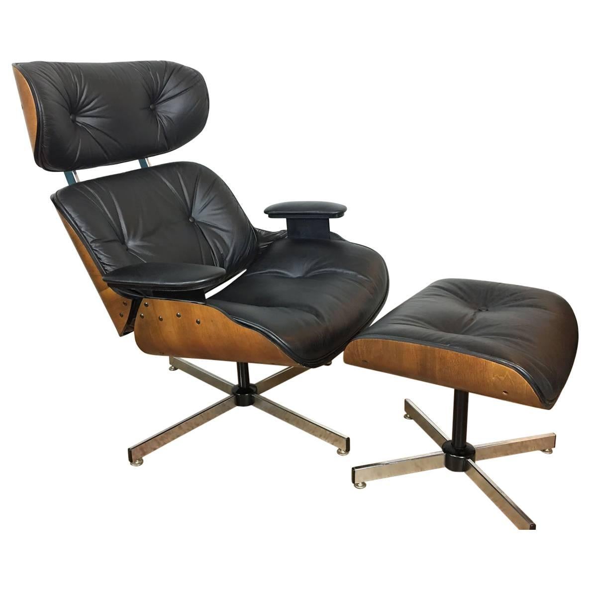 Plycraft Black Leather Lounge Chair and Ottoman