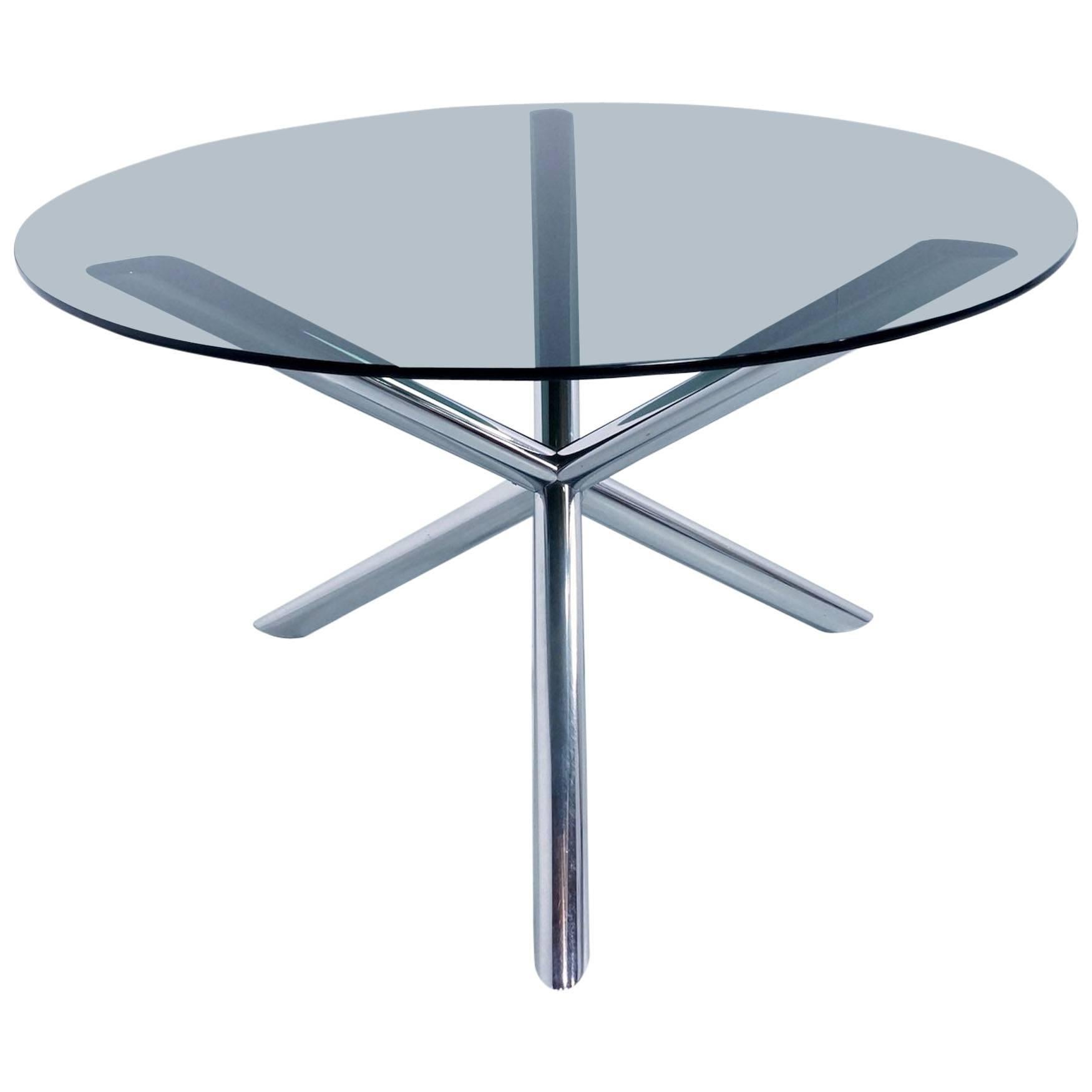 1970s Round Dining Table in Chrome and Smoked Glass by Roche Bobois For Sale
