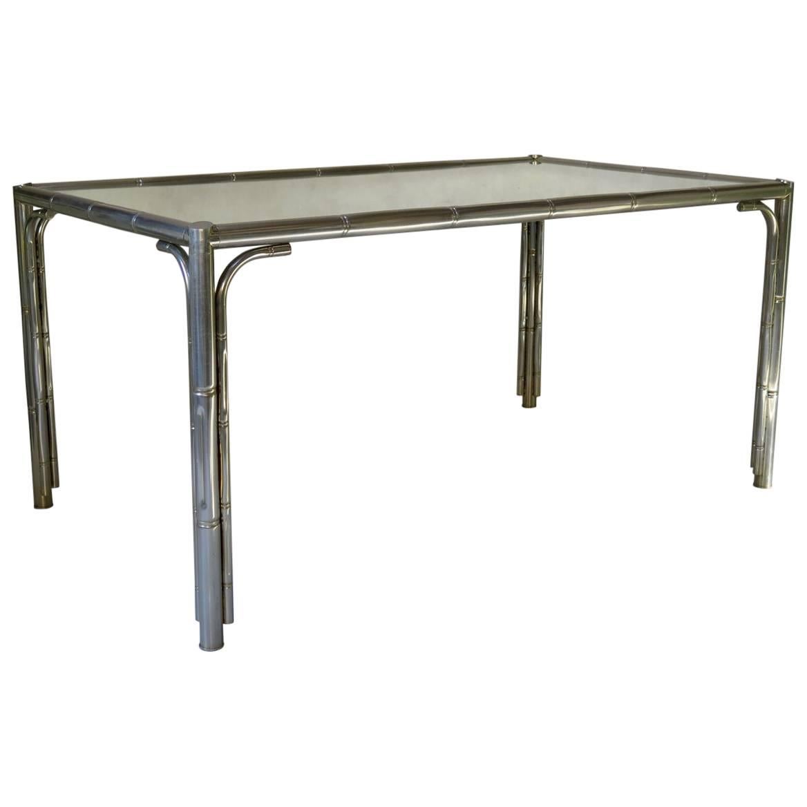 Faux-Bamboo Chrome and Mirror Dining Table, France, circa 1970s For Sale