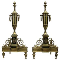 Pair Antique Neoclassical Figural Bronze Andirons with Urns & Dolphin, c1900