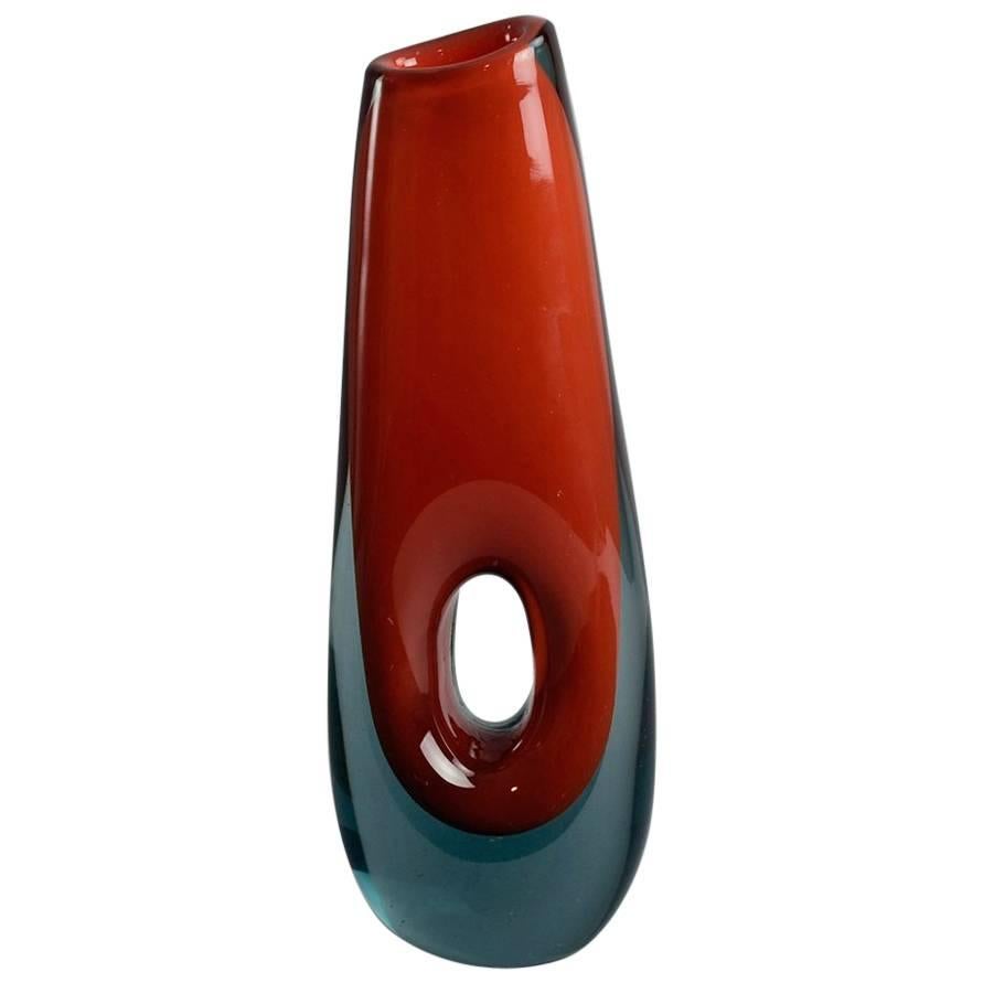 Pierced Vase in Red and Gray Glass by Vicke Lindstrand for Kosta, Sweden, 1955 For Sale