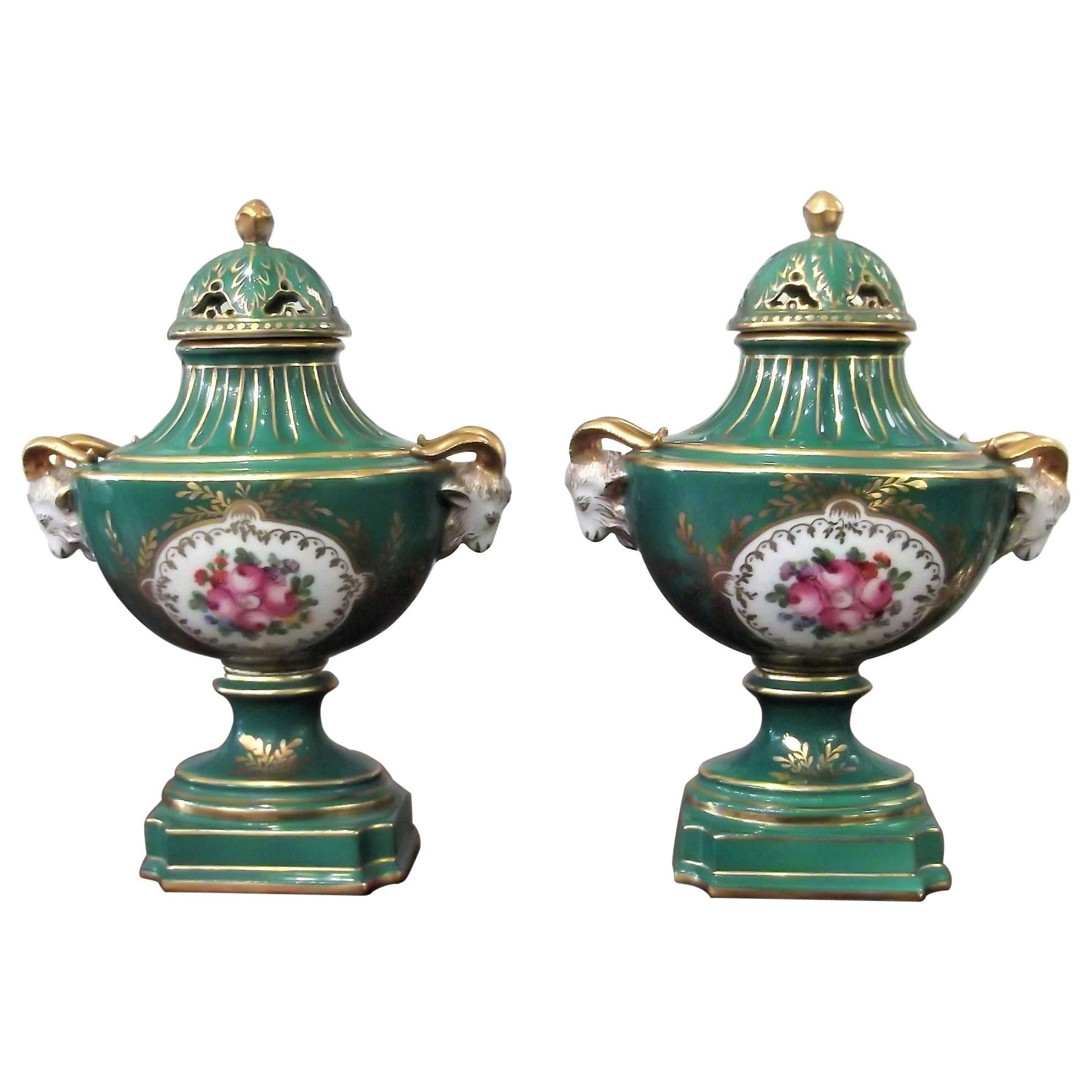 Pair of Dresden Hand-Painted Porcelain Urns