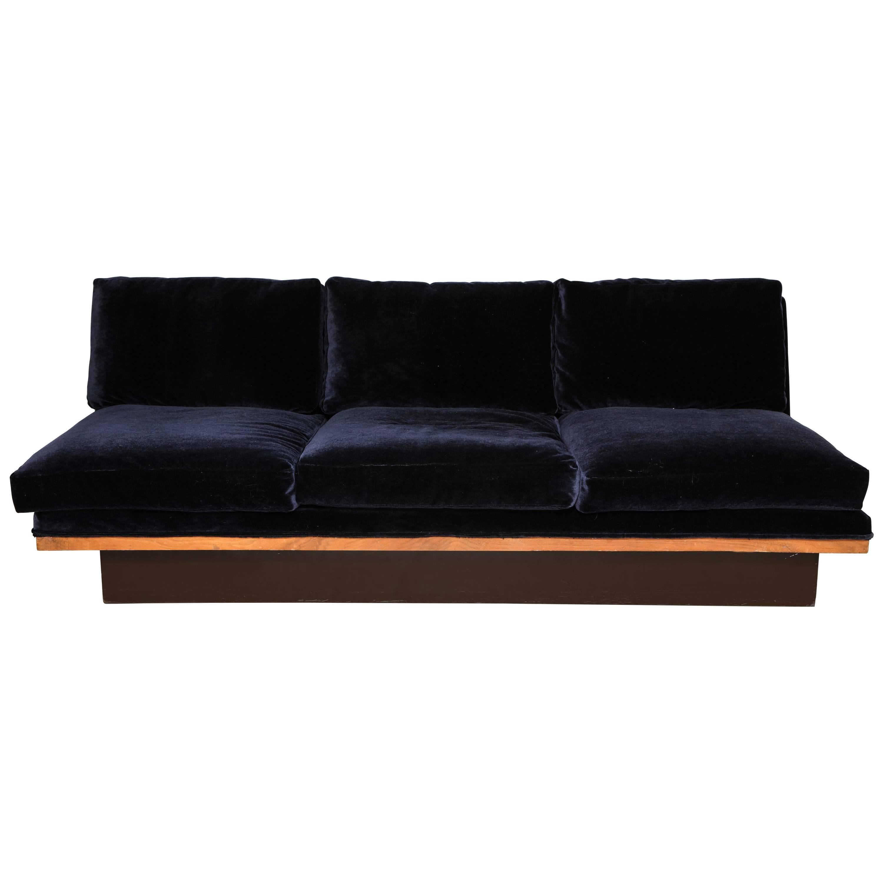 Milo Baughman Thayer Coggin Sofa with wood base black blue mohair, 1980s.

Beautiful shape and extremely comfortable. Newly upholstered in Blue/Black mohair. Sits on a double wood base.

Measures: 84 wide,
28 height,
34 deep.