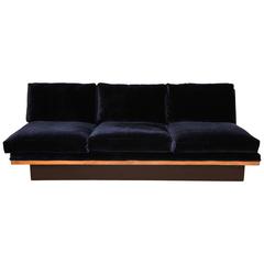 Milo Baughman Thayer Coogin Sofa with Wood Base Black Blue Mohair, 1980s 1