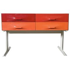 Iconic Raymond Loewy Red, Orange Free Standing Low Two-Sided Cabinet