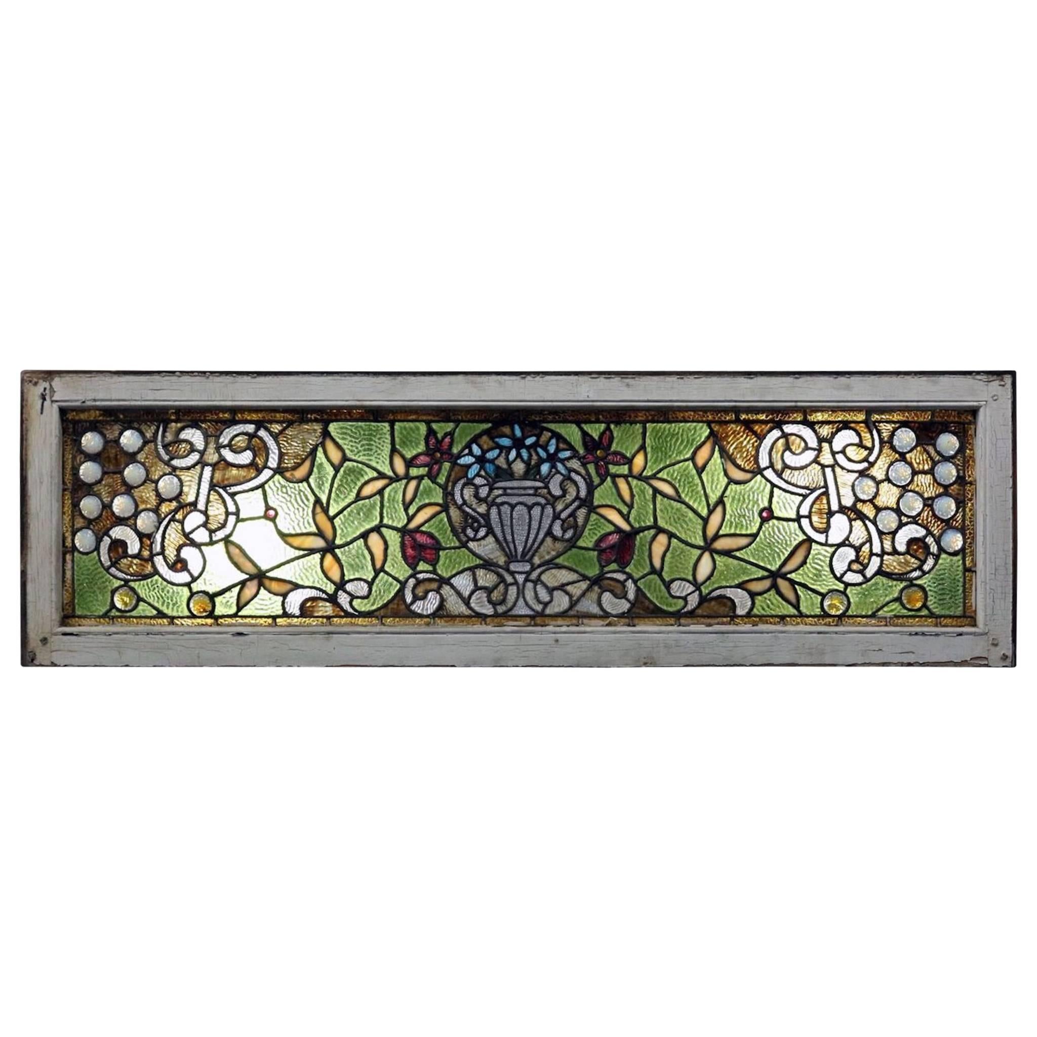 Antique Chunk Jeweled Tiffany LaFarge Style Window with Floral Urn Design