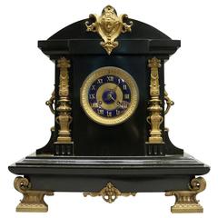 Antique Slate French Style Mantel Clock, Figural Bronze Mounts, Cobalt Enameling