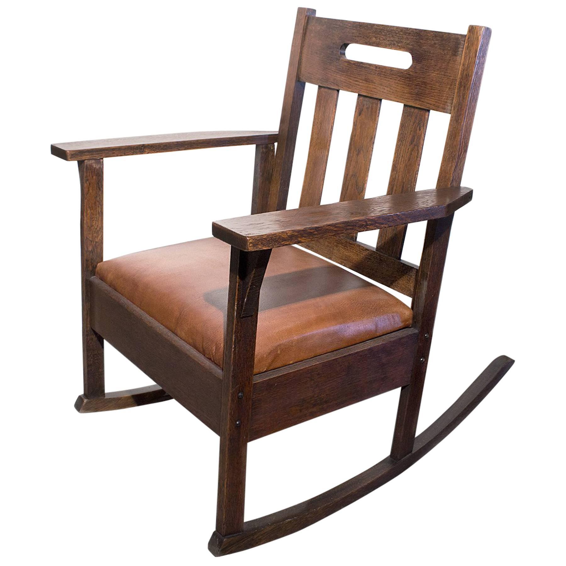 Stickley Style Rocking Chair with Brown Leather, circa 1925 at 1stDibs