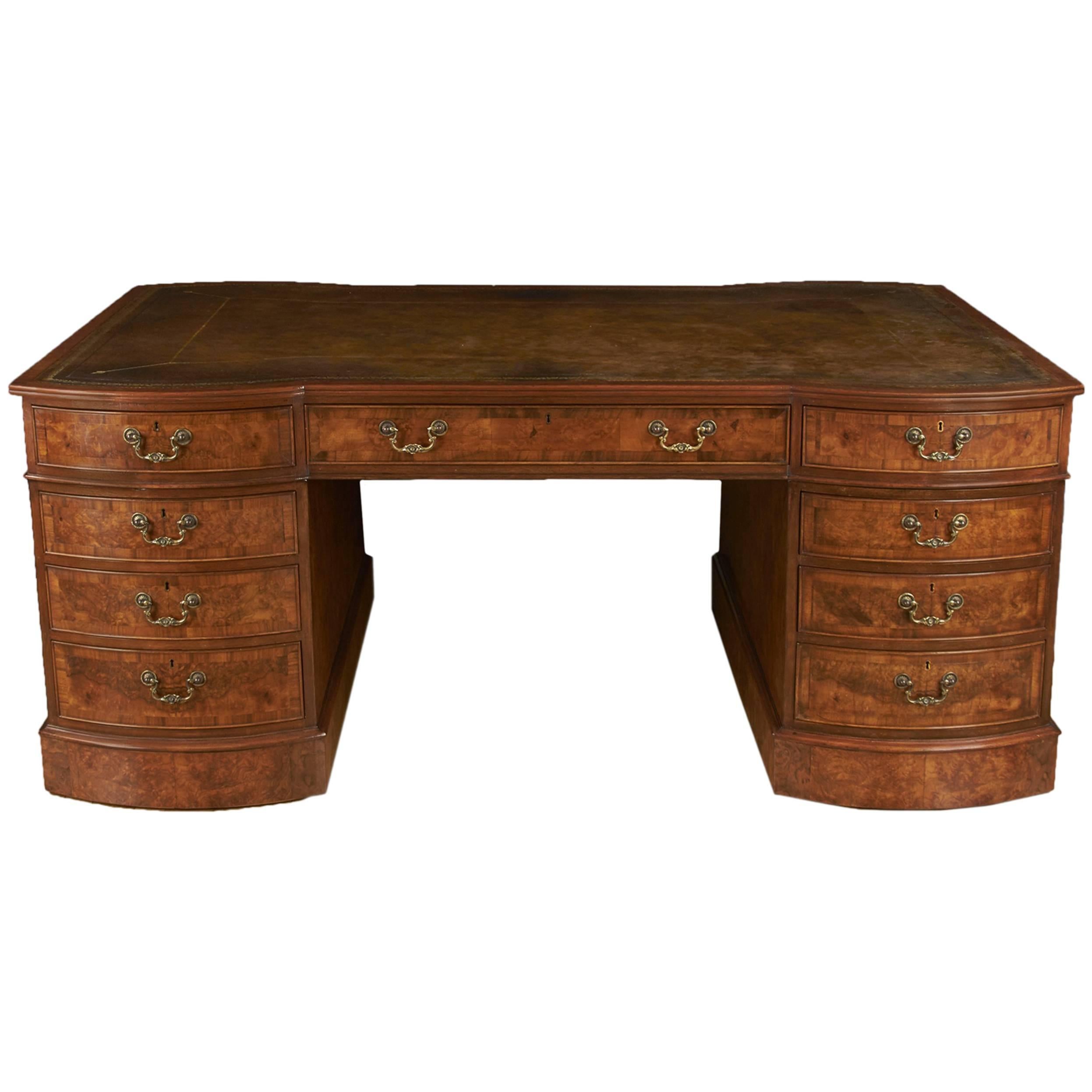 English Georgian Style Figured Walnut Partner's Desk