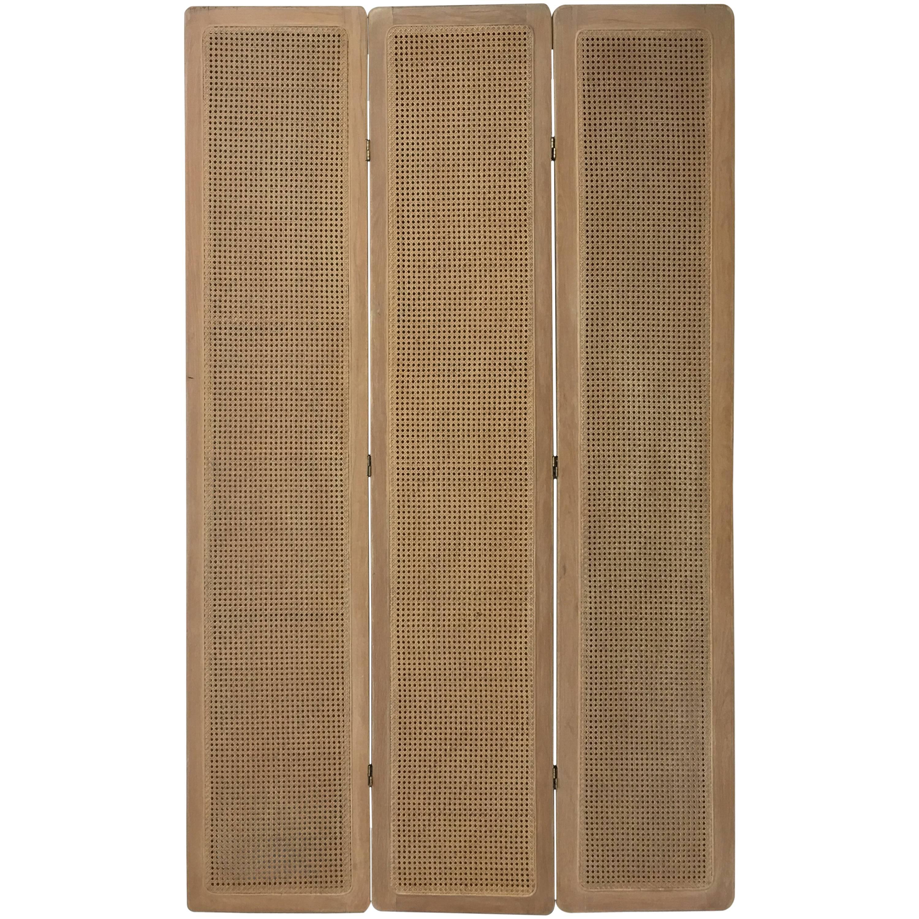 1950s Wood Cane Woven Large Three-Panel Screen