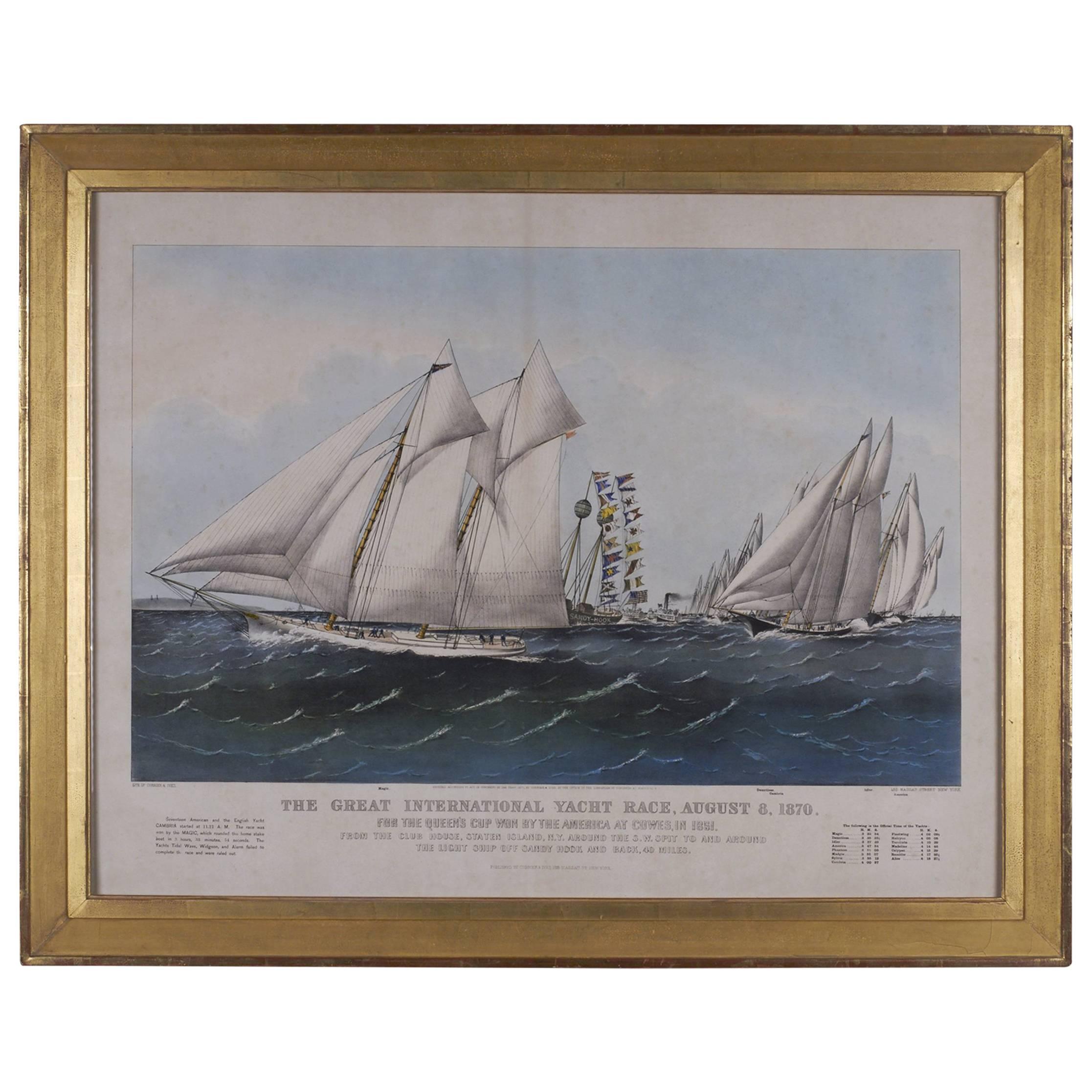 Currier & Ives Hand-Colored Framed Folio Lithograph Yacht Race, 1870