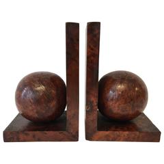 1920s Art Deco Burl Wood Orb Large Bookends, Pair