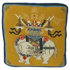 Vintage 1970s Tibetan Yellow Elephant Needlepoint Pillow