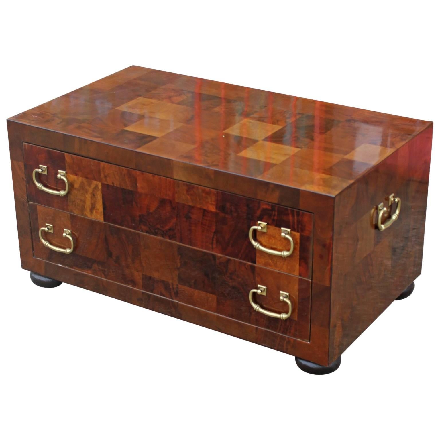 Modern Checkered Parquetry Low Chest with Brass Hardware