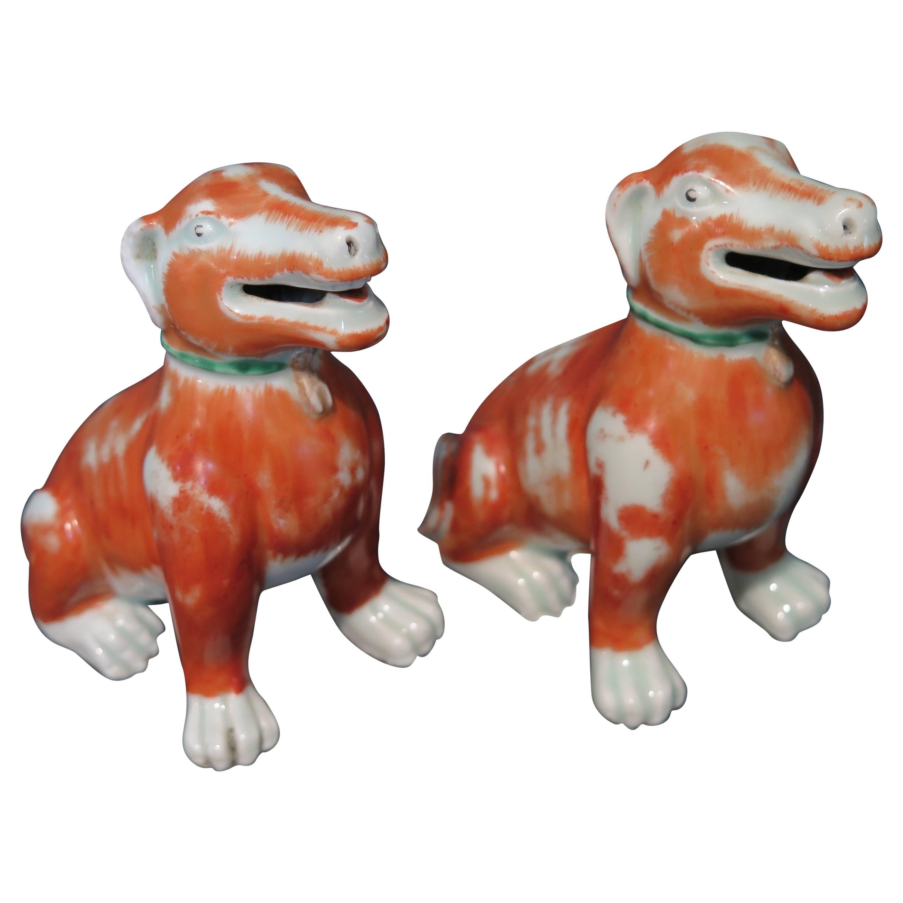 Pair of 18th Century Chinese Export Iron Red Glaze Porcelain Figure of Dogs