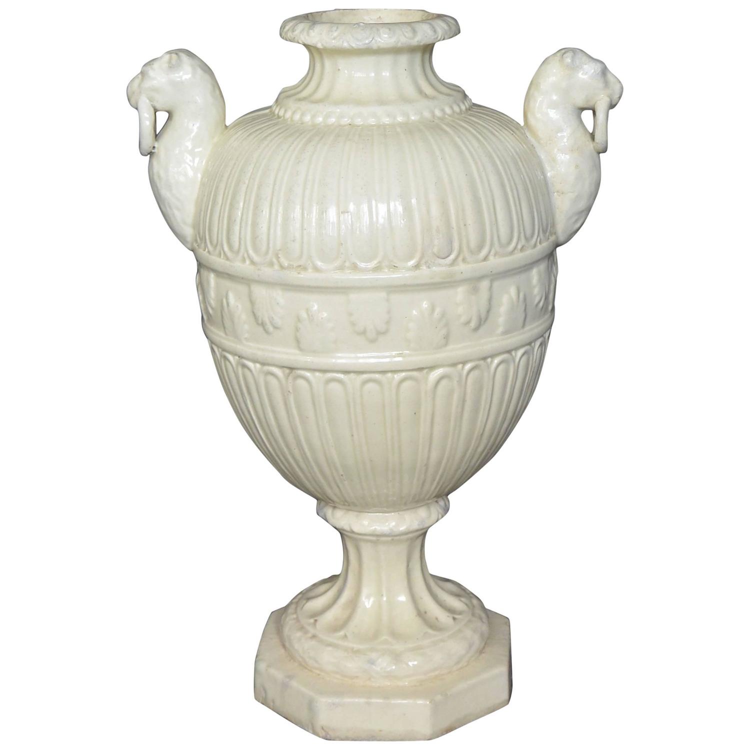 Italian Neoclassical White Pottery Urn with Panther Handles For Sale at