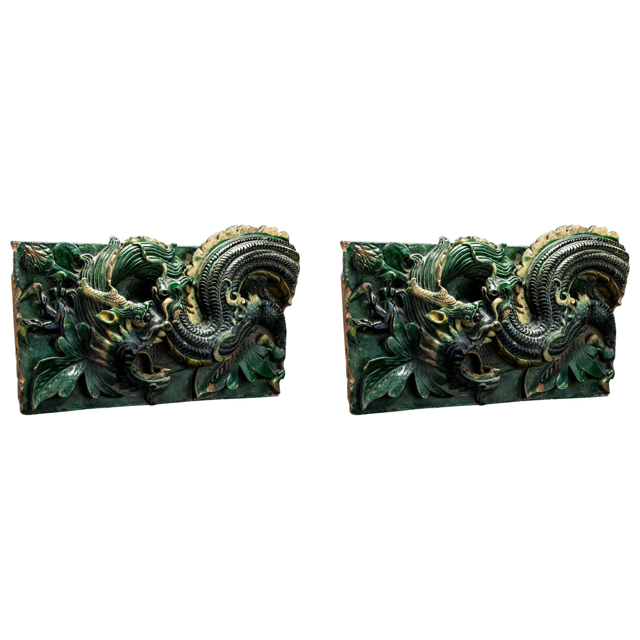 Pair of Ming Glazed Terracotta Temple Wall Tiles Depicting a Dragon For Sale