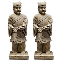Antique Pair of Stone Sculptures of Children at Play