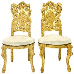Pair of Italian Art Nouveau Hand-Carved Giltwood Hall Chairs