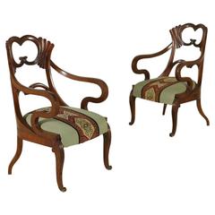 Pair of Mid-19th Century Italian Restauration Mahogany Armchairs with Moved Legs