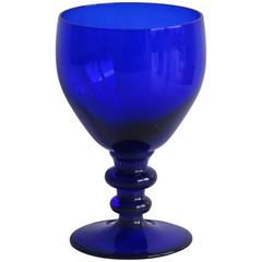 Antique Wine Drinking Glass, "Bristol Blue", Double Knopped Stem, Mid-19th Century