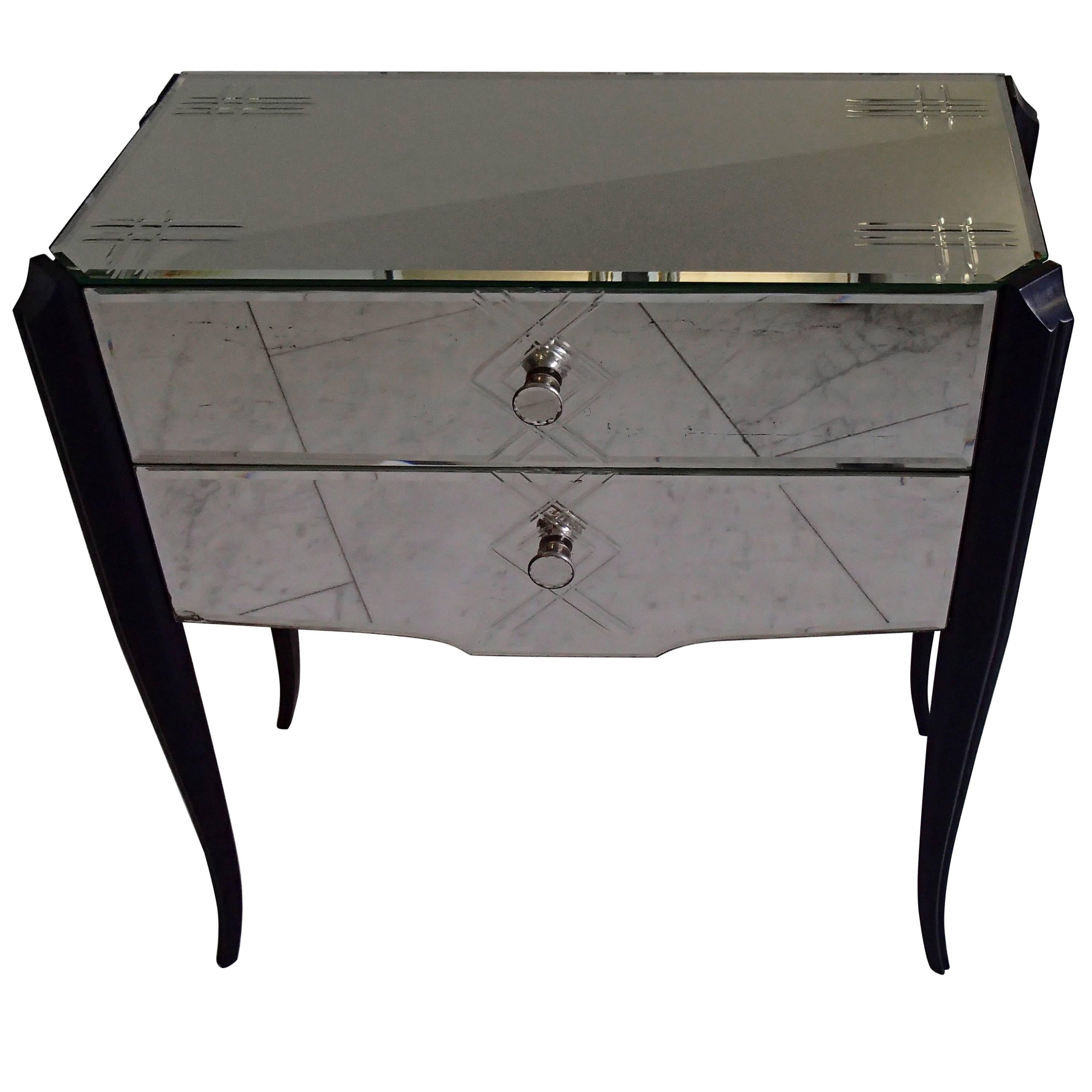 Art Deco Small Console Drawer Cabinet Engraved Mirror Black Curved Legs