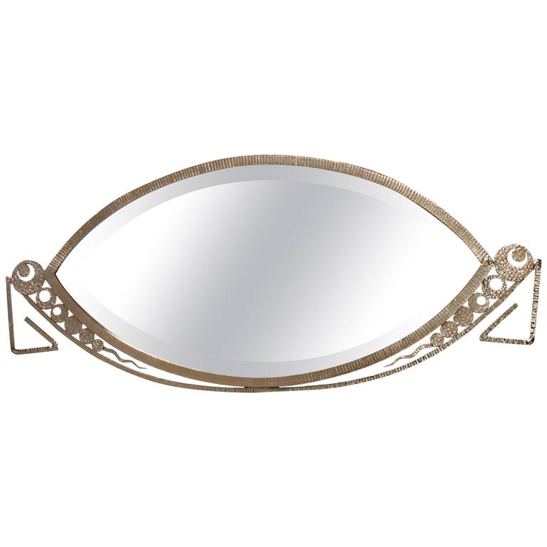 Art Deco Iron Silver Oval Decorative Mirror For Sale at 1stdibs