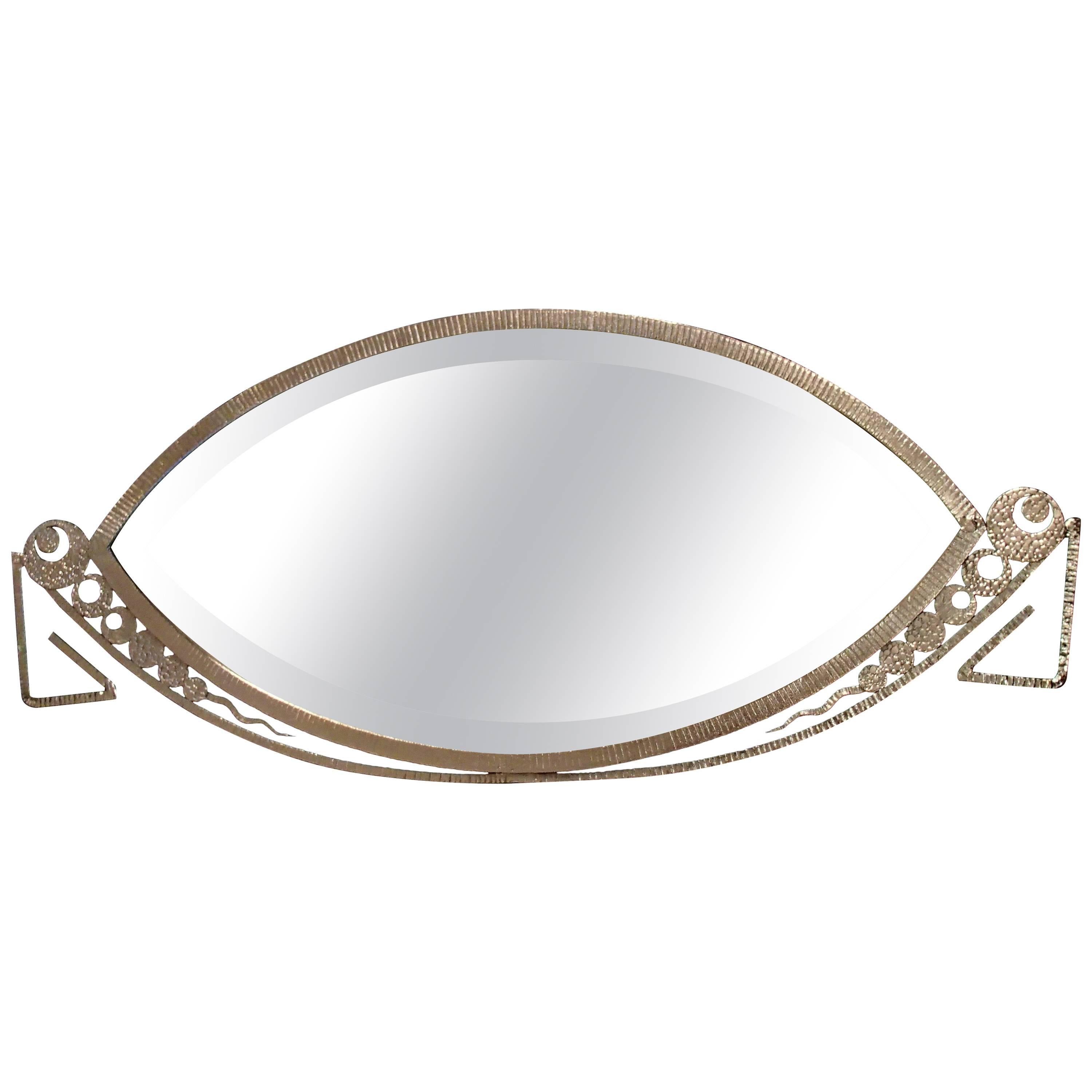 Art Deco Forged Iron Silver Oval Decorative Mirror For Sale