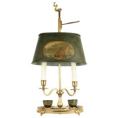 Antique Small 19th Century Hand-Painted Green Bouillotte Table Lamp