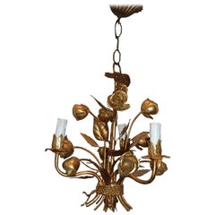 1960s Italian Gilded Rose Flower Chandelier Hollywood Regency Style