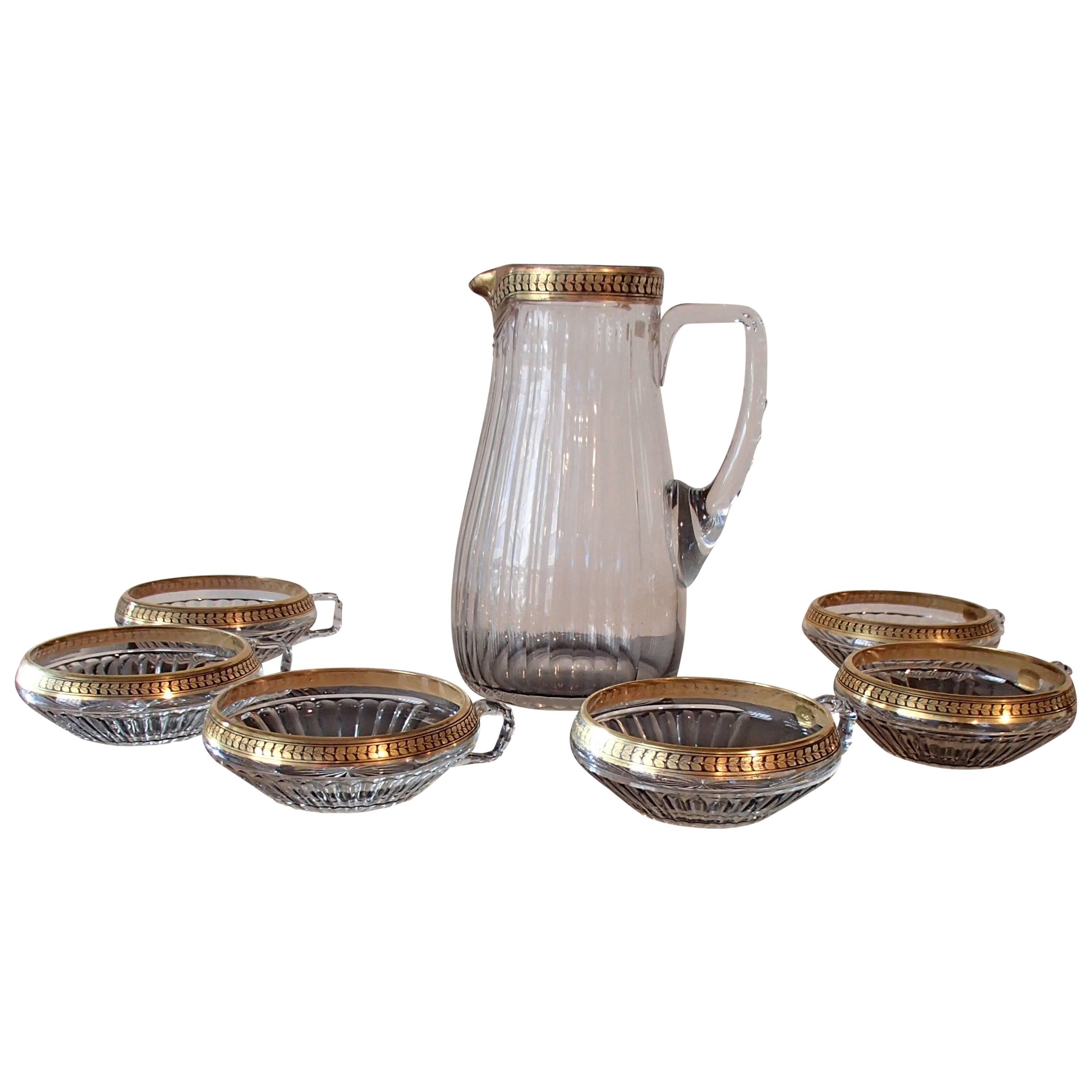 1920 Bohemian Crystal Set of Six Cups and Jug Gold Leaf Paint For Sale