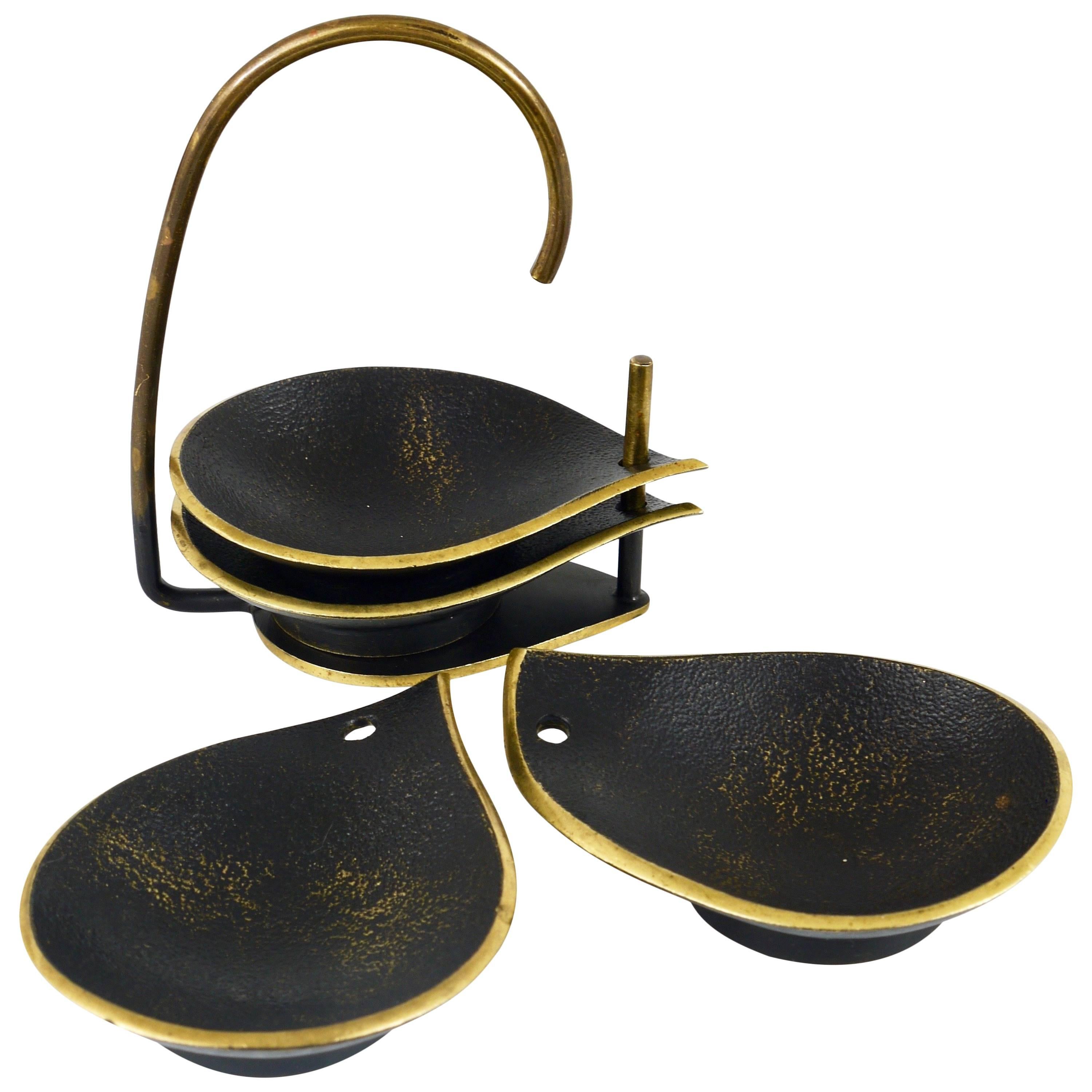 Set of Four Stackable Mid-Century Drop-Shaped Brass Ashtrays with Stand, Austria